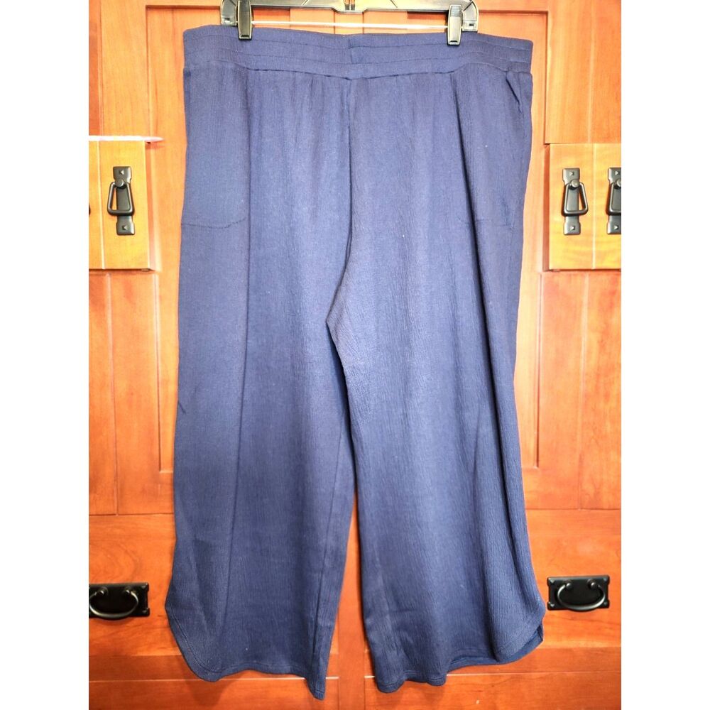 Belle Navy Blue Wide Leg Crop Pants Textured Elastic Waist Tulip Hem Size XL